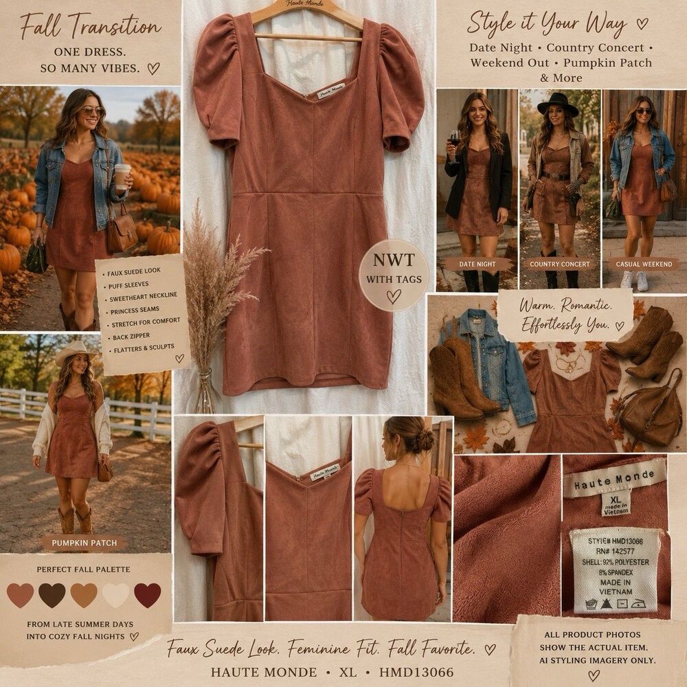 Haute Monde XL Faux Suede Mini Dress Terracotta Brown Puff Sleeve Fall Romantic